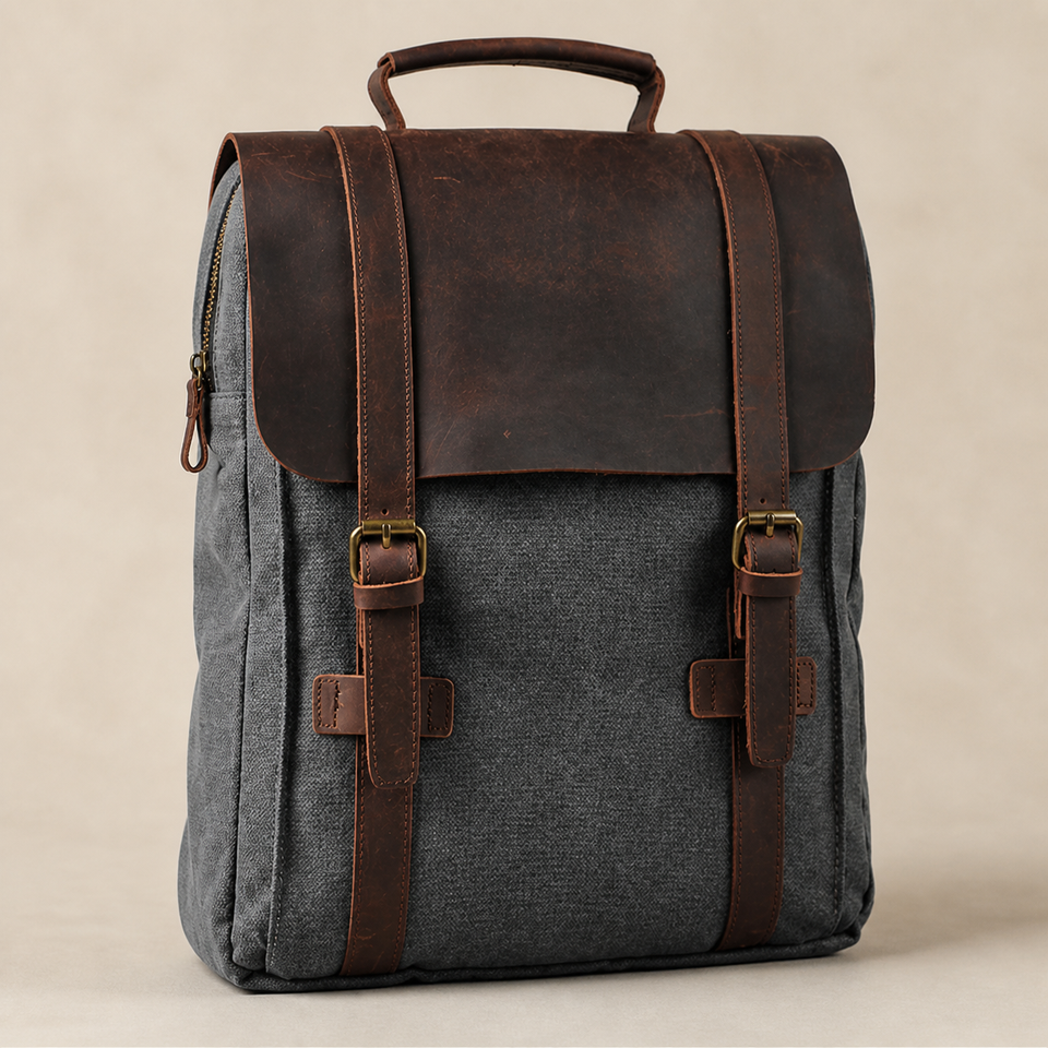 AUREN Heritage Canvas Laptop Backpack in grey and brown
