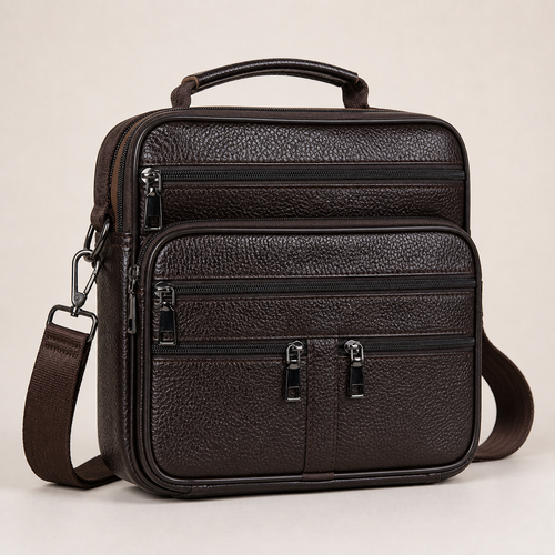 CORVEN coffee leather messenger bag left-side three-quarter view