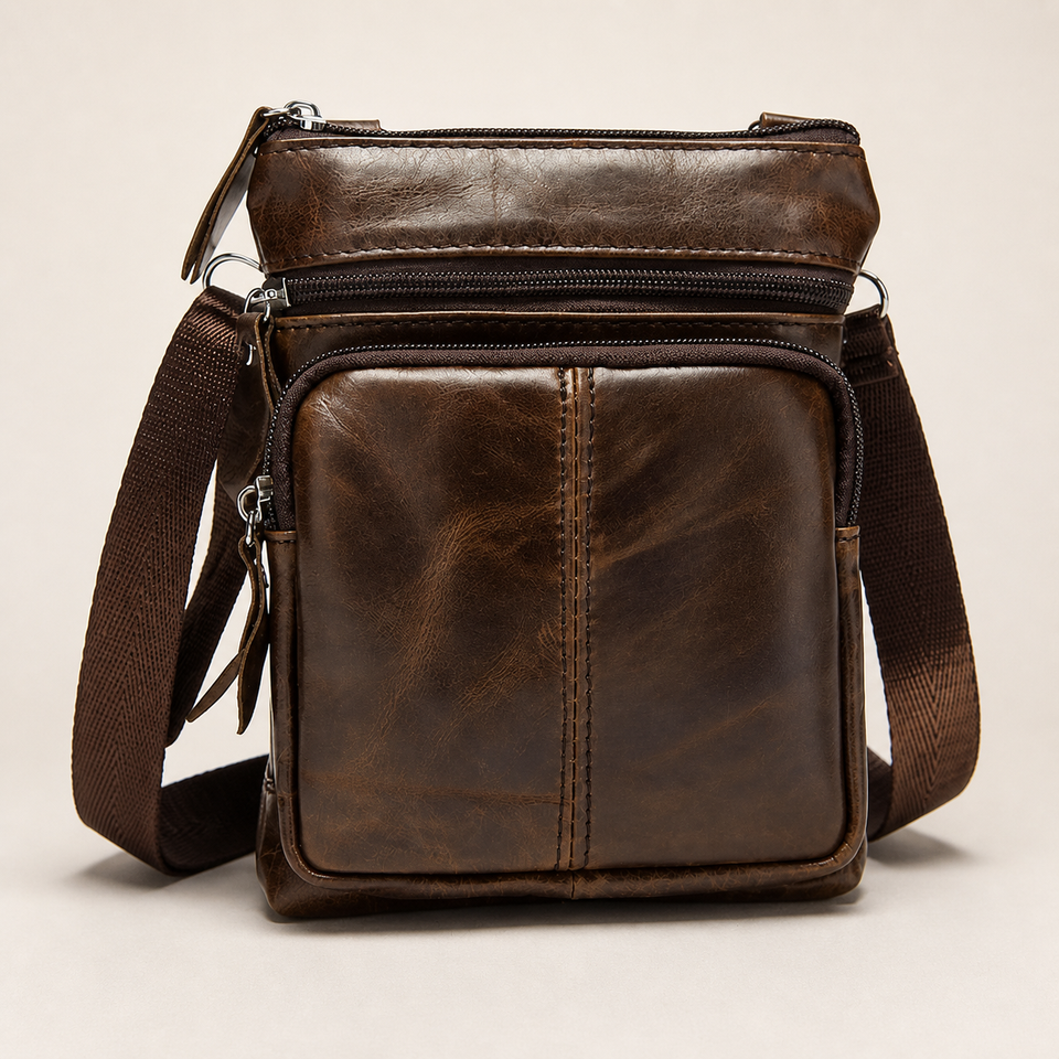 STRAYN compact leather crossbody messenger bag in Coffee brown