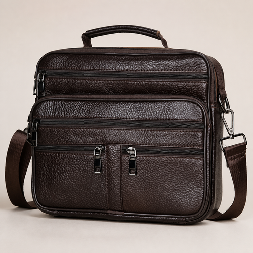 STRAYN genuine leather messenger bag in Coffee brown