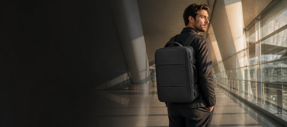 STRAYN Travel Ready campaign with black expandable backpack